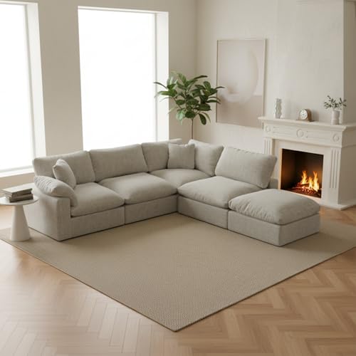 Image of 143 inch Cloud Modular Sectional Sofa,Light Beige Down Filled Sofa 4 Seat with Chaise,Minimalist Sofa Cover Washable and Replaceable Couches for Living Room,Sectional Sofa Deep Seat