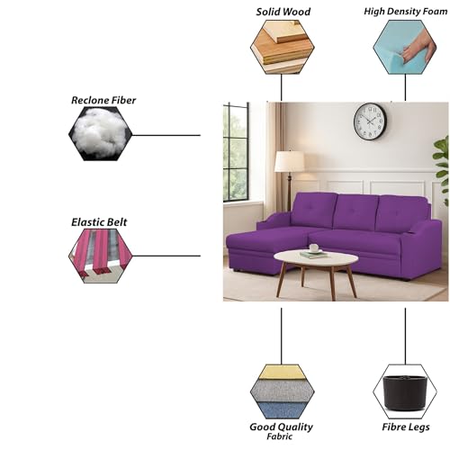 Image of Casaliving Ravonna LHS 4 Seater L Shape Corner Sofa Cum Bed for Living Room (Purple Fabric) Premium Fabric Sofa