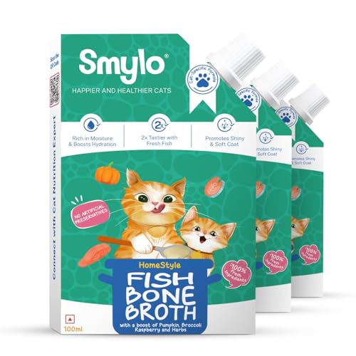 Image of Smylo Summer Cooler, Hydration Rich Fish Bone Broth for Cats (100ml x 3 Packs) | Best with Dry Food | Rich in Collagen for Bones & Joints | Omega 3 & 6 for Shiny Fur & Coat | Cat Food Topper