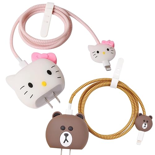 EMOH ROCED 3D Pack of 2 Cartoon Charger Protector for iPhone 18W 20W iPhone 14 13 12 11 Pro Max Charging Cable Charger Head Cover Cable Accessory Data Cable Protective Sleeve (Kitty and Bear)