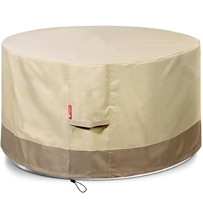 SheeChung Fire Pit Cover Round 44" D x 24" H Waterproof 600D Heavy Duty Patio Gas Fire Pit Cover,Large Shelter Fits 40-44 Inch Outdoor Firepit Table Beige