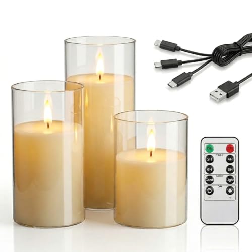 JQTEOYW Rechargeable Flameless LED Pillar Candles with Remote Ivory