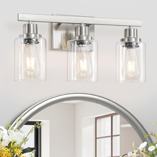 Image of 3-Light Bathroom Light Fixtures, Nickel Bathroom Vanity Light with Clear Glass Shade, Modern Bathroom Wall Lights Over Mirror, Farmhouse Wall Sconces Lighting for Bedroom Living Room