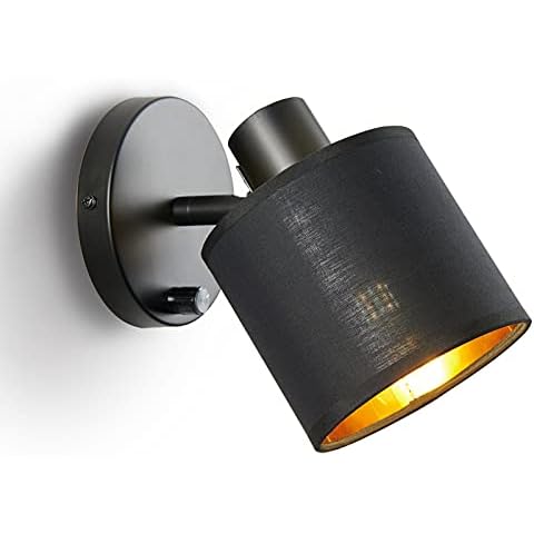 Lightess Wandlampe mit Schalter Vintage Spotleuchte Stoff Wandleuchte Strahlern E27 Retro Lampe Innen LED Wandstrahler Textilschirm Schwarz Lampenschirm Cover