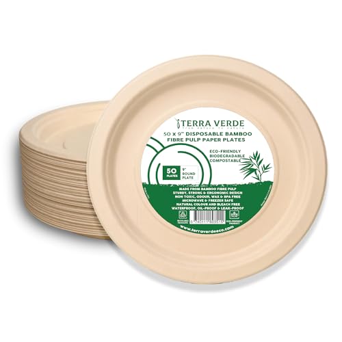Terra Verde 50-Pack Disposable Bamboo Fibre Paper Plates 9 Inch (23cm) Round Unbleached Natural Brown Eco-Friendly Compostable & Extra Strong Ideal for BBQs Parties Events & Picnics