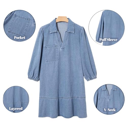 CLOUDEMO Women's V-Neck Puff Sleeve Denim Layered Dress, Collared V Neck Loose Shirt Jean Dress, 3/4 Sleeve Denim Dresss3