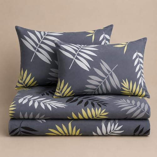 Image of Jashan 210 TC Glace Cotton Soft Fabric Elegent Beautiful Design Queen Size 90x90 inches Bedsheet Lightweight & Durable 1 Bed Sheet with 2 Pillowcase 17x27 inches 3 Pc Bedding Set - Yellow Leaf
