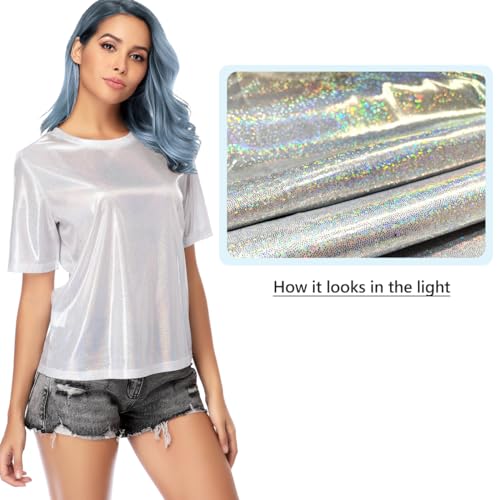 MISS MOLY Women's Metallic Tops Short Sleeve Crewneck Holographic Shiny Tees Glitter Sparkle Shirt for Party Club Concert2