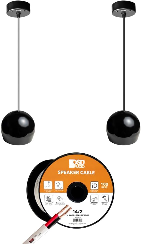 OSD Audio Commercial Pendant Speaker Bundle – 2 Gloss Black 70V/8 Ohm Hanging Speakers with 100ft 14AWG Speaker Wire – Ideal for Restaurants, Retail Stores, and Open Ceiling Installations