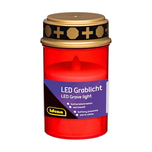 Idena 50159 - LED Grabkerze mit Deckel, 6,5 x 12 cm, Grablicht aus Kunststoff in Rot und Gold, batteriebetriebene Trauerkerze für draußen
