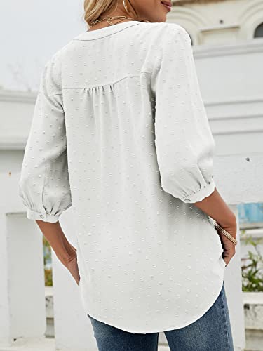 Womens Summer V Neck 3/4 Sleeve Blouses Swiss Dot Tunic Tops Casual Button Shirts White #TOP3