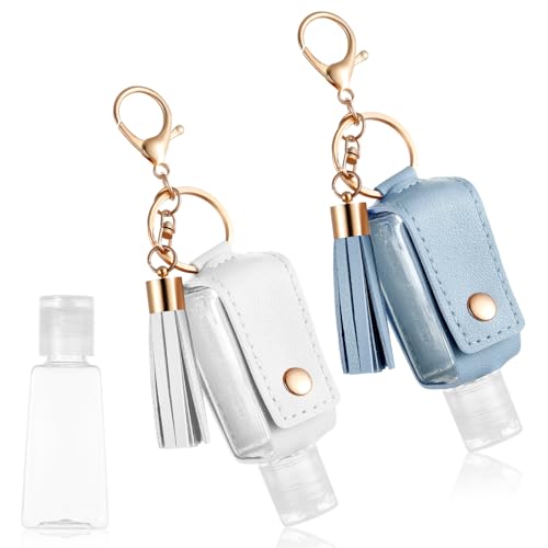 Grevosea 2 soportes para desinfectante de manos, 30 ml, desinfectante de manos portátil de cuero, llavero de tamaño de viaje, botellas vacías para apretar, contenedor recargable para artículos de