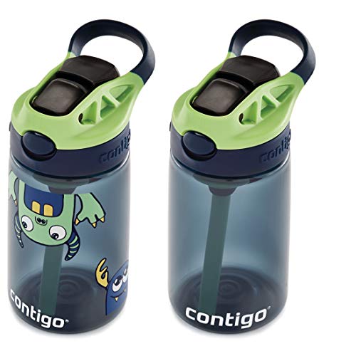 Image of Contigo Aubrey Kids Cleanable Water Bottle with Silicone Straw and Spill-Proof Lid Blueberry & Monsters 14 Ounce 2-Pack