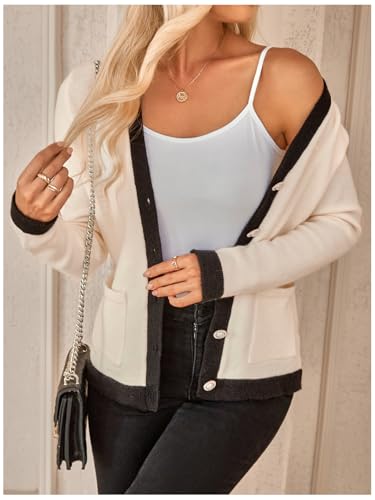 Image of WDIRARA Women's Casual Flap Detail Button Front Cardigan V Neck Long Sleeve Contrast Trim Coat