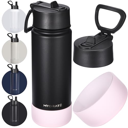 Hydrate Bottles Black Stainless Steel Water Bottle with Pink Half Silicone Sleeve - Leak-Proof Insulated Water Bottles - Drinking Bottle for Hot and Cold Beverages Hydration On-The-Go - 750ml