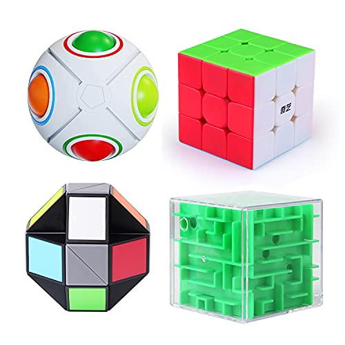 Roxenda 4 Pack 3-D Puzzles Bundle Brain Teasers Toy Set - 3x3x3 Speed Cube/Rainbow Magic Ball/3D Maze Magic Cube/Magic Snake Cube; IQ Games for All Age