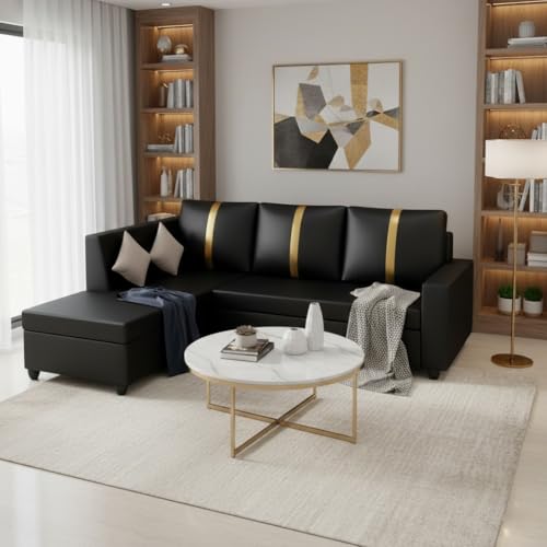 Image of FURNY Nathanoy 4 Seater Leatherette LHS L Shape Sofa Set (Black) Premium Finish | Ideal for Living Rooms