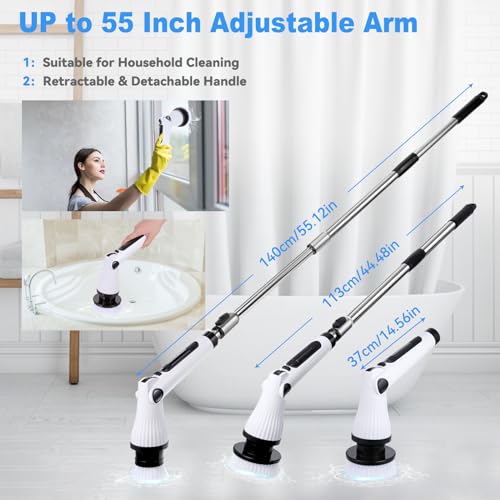 Electric Spin Scrubber, Cordless Scrubbing Brush with 8 Replaceable Brush Heads, 2 Speeds Electric Cleaning Brush with Adjustable Extension Handle for Bathtub, Kitchen, Floor,Tub, Tile - Image 2