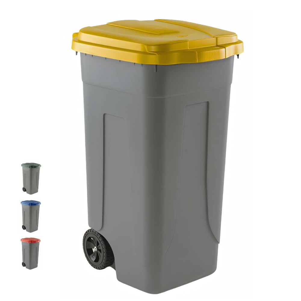PALUPLUS Bidone Pattumiera con Ruote da 80 Litri, Misura, 45x50x78 cm, Coperchio Chiusura a Clip, Maniglia e Fermasacco a 4 Fissaggi, Secchio per Rifiuti Differenziati -80F-6,7 (Giallo)