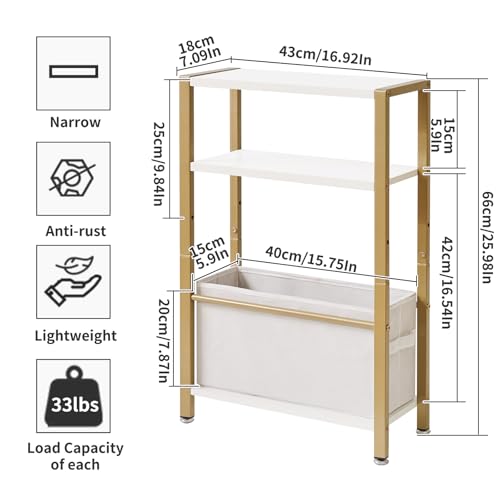 Aibiju Mesa Auxiliar Estrecha de 3 Niveles con Cesta de Tela, Moderna Mesa de Sofá para Espacios Estrechos y Pequeños, con Marco de Metal Dorado, Blanco YD-TM052J - imagen 3