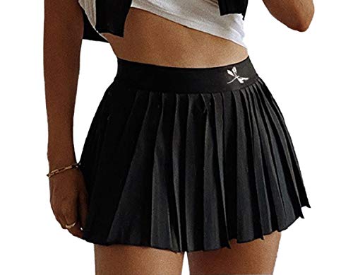 Women Harajuku Gothic Mini Pleated Skirts Skater Tennis School Uniform Mini Athletic Skirts for Teen Girls(Dragonfly-Black, S)