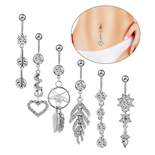 6 Piercing nombril argent long pendentif pendant kit pour femme fille,14G cristal strass brillant acier inoxydable qui pend anneau suspendu chaîne plume,piercings nombril barbell CZ bijoux corps 10mm Cover