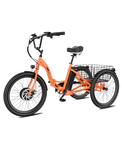 Image of ANCHEER Electric Tricycle for Adults, Peak 600W Folding Electric Trike, 24 inch 499Wh Ebike for Seniors, 15.5MPH Electric Bike, Removable Battery, 3 Wheel, LCD, Rear Differential, Basket (Orange)