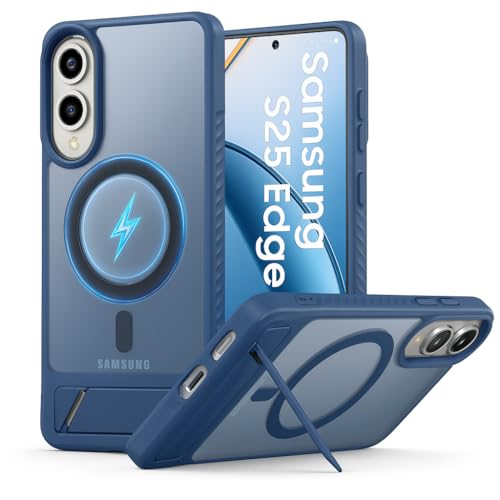 Image of Frosted Slim Matte Military Grade Drop Protection Frosted Lightweight Case Cover Compatible with Samsung Galaxy S25 Edge 5G (2025) (Blue with Stand)