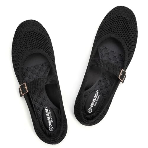Image of Frank Mully Women's Mary Jane Flats Comfortable Dressy Ballet Flats Casual Round Toe Slip On Washable Knitted Fabric Office Work Woman Shoes