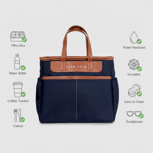 Image of TANN TRIM Blue Insulated Lunch Bag, Reusable and Washable, Office Lunch Bag for Men and Women, Eco-Friendly (Blue)