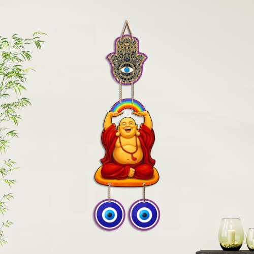 Image of Artvibes Rainbow Laughing Buddha Evil Eye Wall Hanging Decor For Living Room | Bedroom | Office | Joy Happiness and Positive Energy Wall Accent | Nazar Battu Ornament for Home Entrance (WH 85145N)