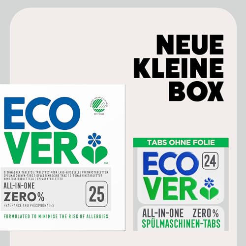 Ecover Zero Spülmaschinentabs, mit Geschirrspülsalz und Klarspüler, ohne Duft, ecover spülmaschinen-tabs, 24 Tabs Packung 4