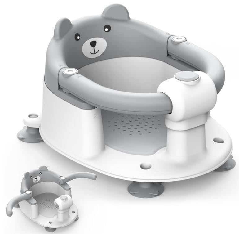 WGIDSKKI Siège de Bain Bébé, Siège de Bain Bébé à Partir de 6 Mois, Baby SièGe Bain Ergonomique, Baignoire Portable Avec 4 Ventouses Pour Tout-Petits et Nouveau-nés, Motif Ours (Gris)
