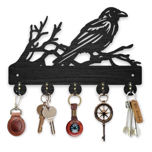 MAYJOYDIY Wood Tree Branch Crow Key Hook Animal Bird Key Holder Wall Mount 5 Alloy Hooks Home Decor Gifts Entryway Kitchen Bathroom Storage Organizer