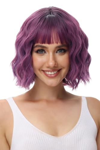 Image of Rose bud Wavy Bob Wig with Bangs Natural Ombre Purple Wig Synthetic Hair Shoulder Length Short Curly Wigs for Women