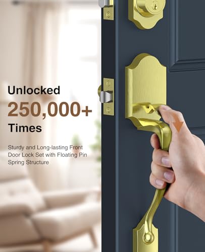 Image of Brightify Brushed Gold Front Door Lock Set, Keyed Entry Door Handle with Deadbolt for Home Security, Reversible Left /Right-Hand, Adjustable Latch, Fits 1-3 /8 inch to 1-3 /4 inch Door Thickness