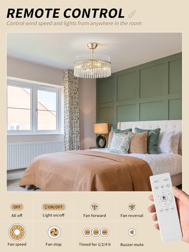 Image of SYDACG 20 inch Gold and Clear Crystal Fandelier Ceiling Fan with Light, Mid-Century Chandelier Ceiling Fan with Light Remote Control, 6 Speeds for Bedroom, Nursery, Living Room