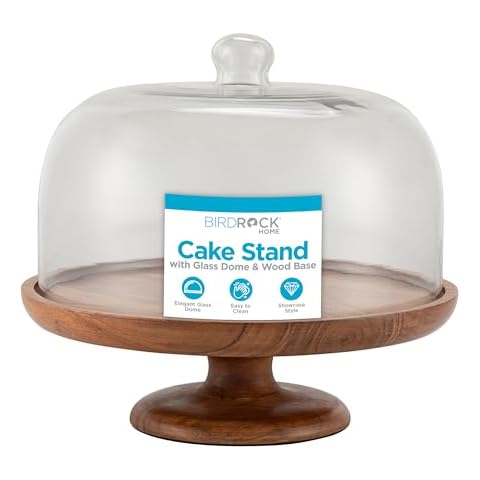 BIRDROCK HOME Cake Stand with Glass Dome and Wood Base Cover