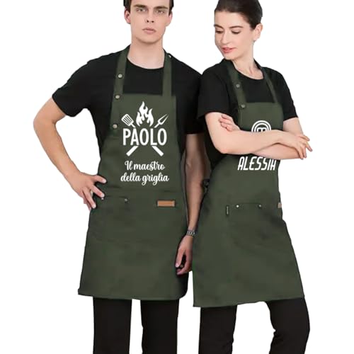 Happenings Grembiule Personalizzato con Nome - Master Chef - Barbecue Regali BBQ Papà Maestro Di Griglia - Universale - 3 tasche - Personalizzato (Oliva)