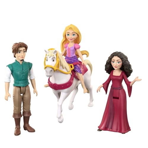Mattel Disney Prinzessin-Spielzeug kleine Puppen im 4er-Set mit Rapunzel Flynn Rider und Mutter Gothel sowie Pferd Maximus mit Sattel vom Film inspiriert JHG85 [Mehrfarbig]