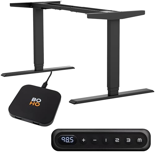 boho office® Höhenverstellbarer Schreibtisch Gestell – Elektrisch stufenlos, inkl. Wireless Charger, 2 Motoren, 3-Fach Teleskop, Memoryfunktion, Kollisionsschutz, Kindersicherung – Homedesk Schwarz
