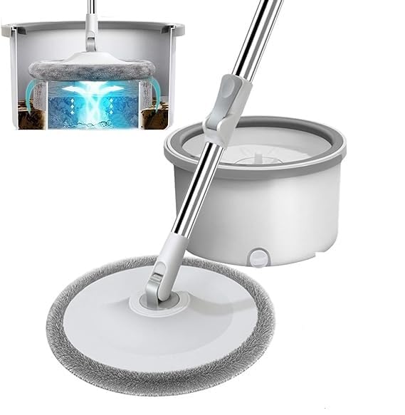 Image of Spin Mop with Bucket Deluxe System for Floor Cleaning - 360 Flexible Mop with Self Separation Dirty and Water System 2 Pcs Reusable Microfiber for All Types of Floor Cleaning (A-Grey)