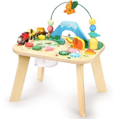 oathx Activity Table for 1 Year Old Toddler, 9-in-1 Multi-Colorful Wooden Montessori Toys, Baby Play Table with Bead Maze Shape Sorter Train Toy, Educational Gifts for 12 Months+ Kids Boys Girls