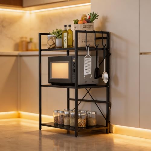 Image of wow craft Heavy Duty 3-Tier Metal Storage Rack (Black) | Multipurpose Shelf for Microwave, Books, Kitchen & Bathroom Organization | Space Saving Steel Organizer (64x40x92 cm)