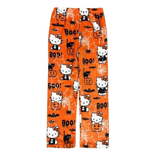 YIROKCOM Cartoon Pajamas for Women Girls Cute Anime Cat Print Flannel Soft Comfy Christmas Halloween Casual Sleep Pajama Pants (M-Orange)