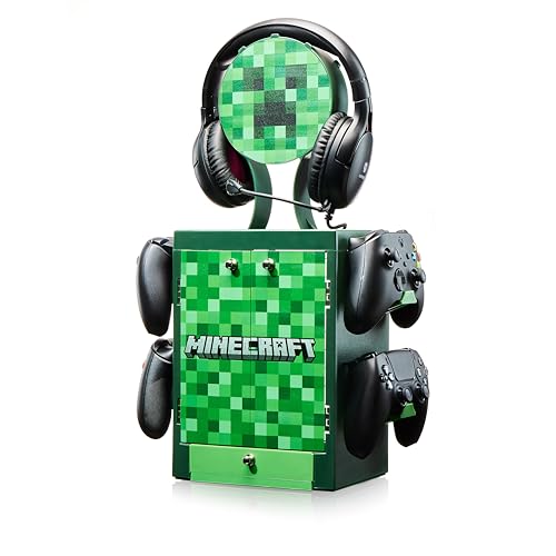 Numskull Casier de rangement gaming officiel Minecraft – Support pour 10 jeux/DVD, 4 manettes, casque et accessoires – Organiseur compact et résistant – Produit officiel Minecraft