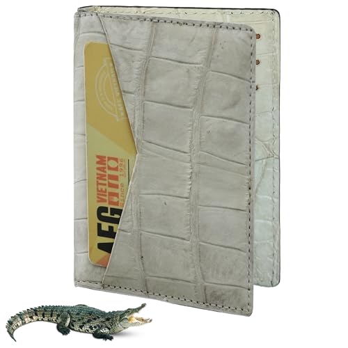 HATA Handmade Alligator Belly Wallet Men Hornback Crocodile Credit Card Premium RFID Blocking Flip ID Wallet Made by Vietnamese Craftman, Card Holder - White - Croc Belly, 4