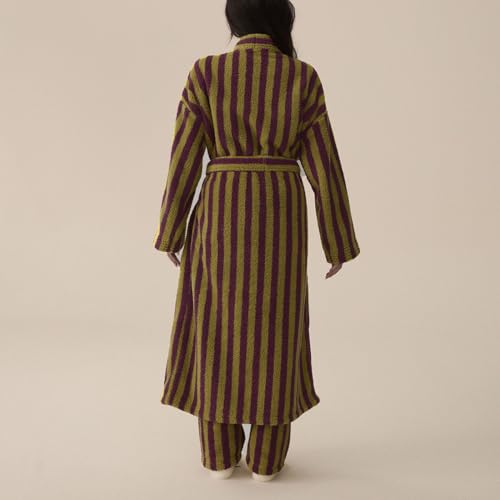 Women's Fuzzy Fleece Long Robe Striped Plush Kimono Warm Thick Fluffy Oversized V Neck Loungewear Maxi Bathrobe2