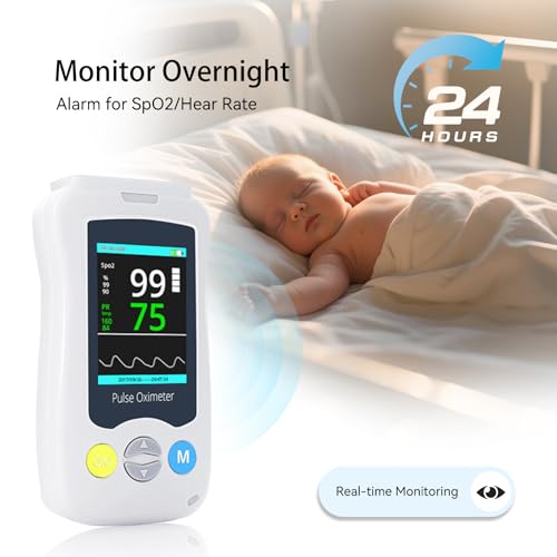 Image of Overnight Pulse Oximeter for Baby, Medical Grade Accuarcy SpO2 & Pulse Rate Continuous Pulse Oximeter Pediatric Blood Oxygen Saturation Monitor Handheld Infant with Adjustable Alarms and 500 Data Storage