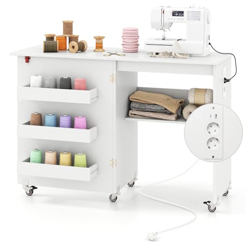 COSTWAY Table de Couture Pliante à roulettes avec Multiprise, Armoire pour Machine à Coudre avec Étagère de Rangement, 3 Bacs Cachés, Meuble Couture pour Salon, Bureau, Studio (Blanc)